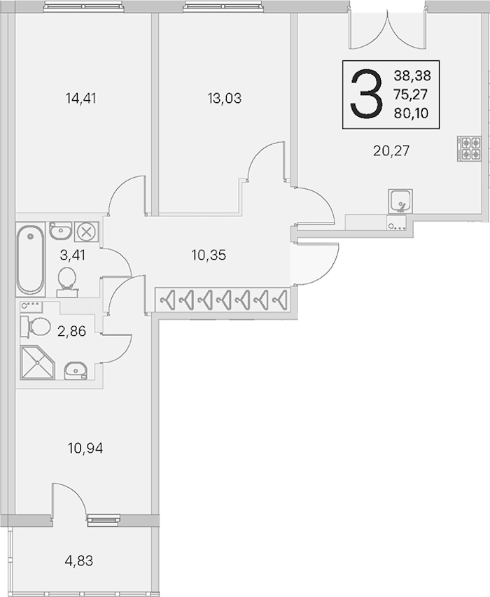3-комнатная квартира 75.27 м², 3/4 эт., ЖК «Любоград в Стрельне»